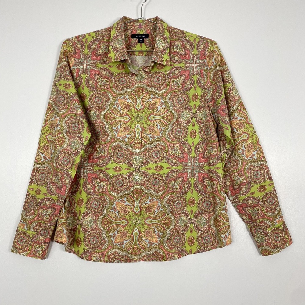 Lands' End Shirt Womens 12 Multicolor Paisley Button Front LongSleeve Cotton Top